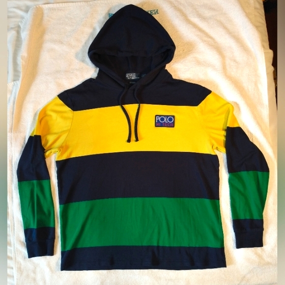 POLO Ralph Lauren HI TECH striped T-Shirt Hoodie - NWOT - Classic MENS Medium - Picture 1 of 14